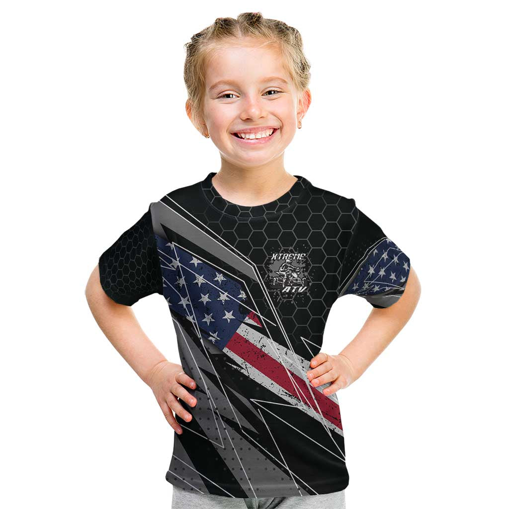 Custom Bike Shirt Racing Motocross Kid T Shirt American Flag and Black Hexagon Lightning Graphic Design - Wonder Print Shop