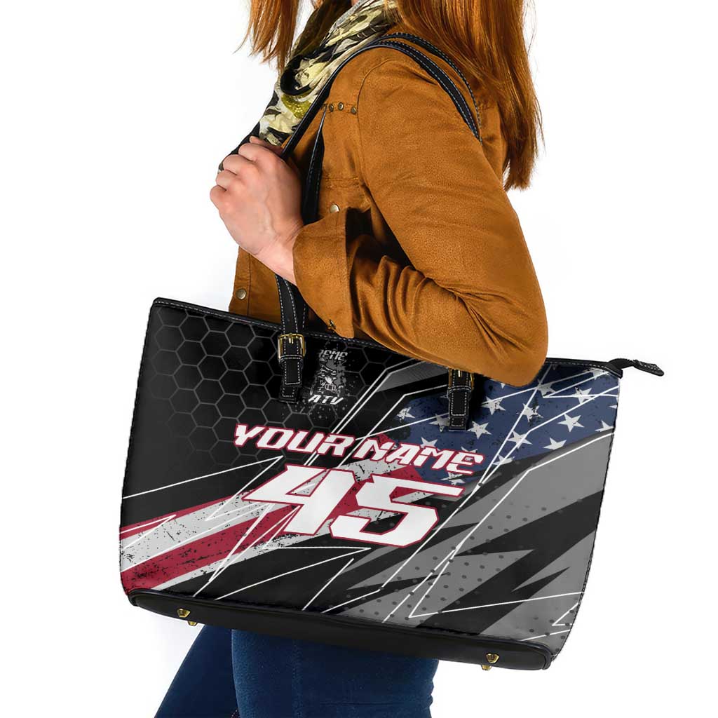 Custom Bike Shirt Racing Motocross Leather Tote Bag American Flag and Black Hexagon Lightning Graphic Design - Wonder Print Shop