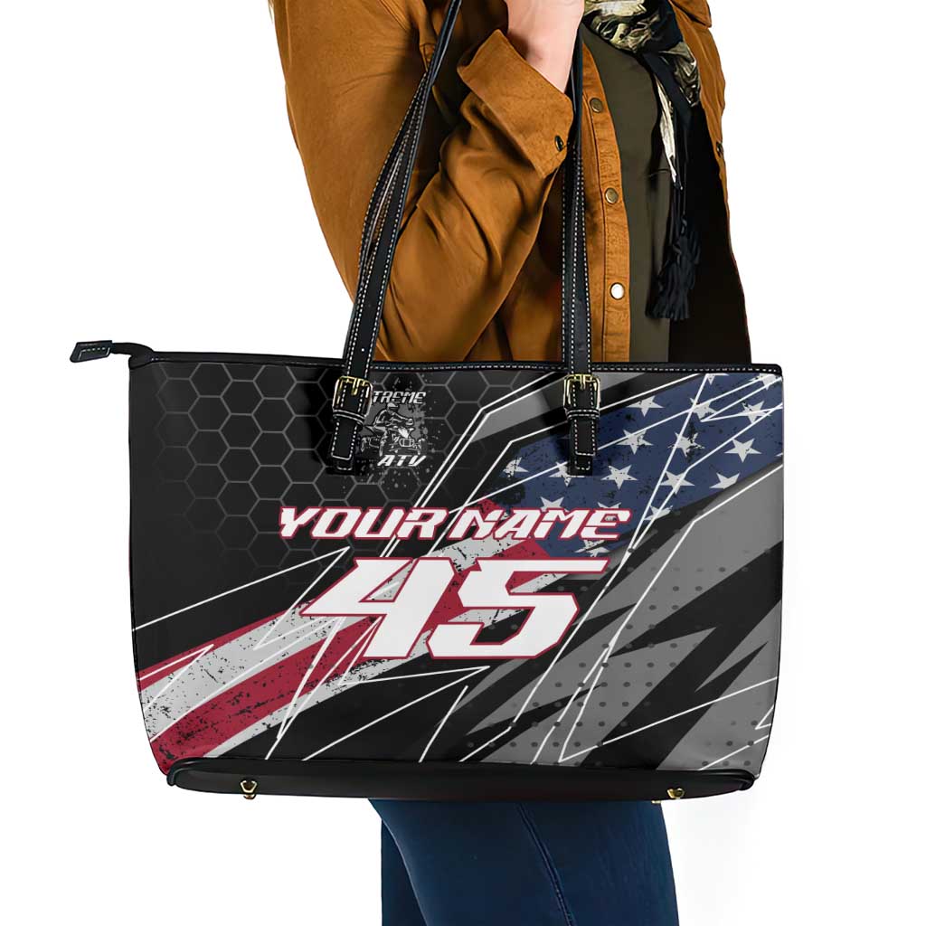 Custom Bike Shirt Racing Motocross Leather Tote Bag American Flag and Black Hexagon Lightning Graphic Design - Wonder Print Shop
