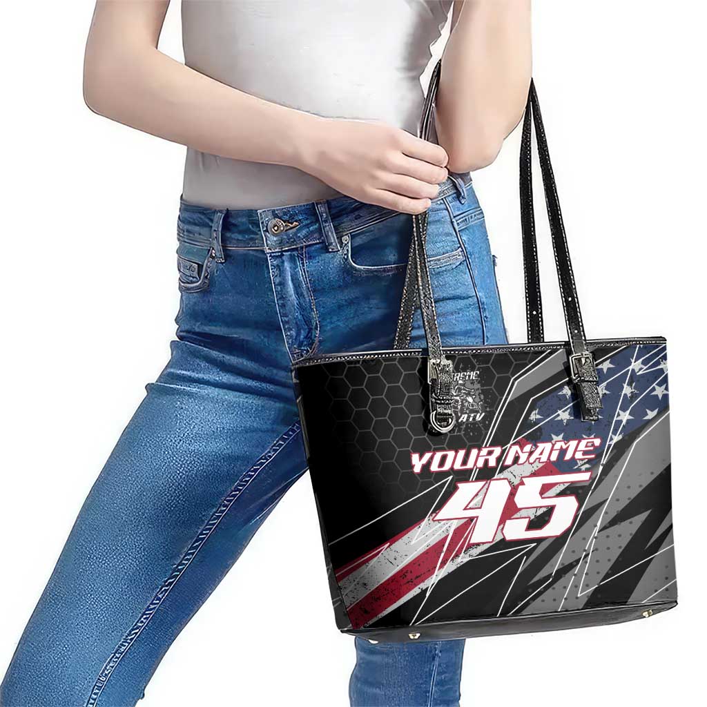 Custom Bike Shirt Racing Motocross Leather Tote Bag American Flag and Black Hexagon Lightning Graphic Design - Wonder Print Shop