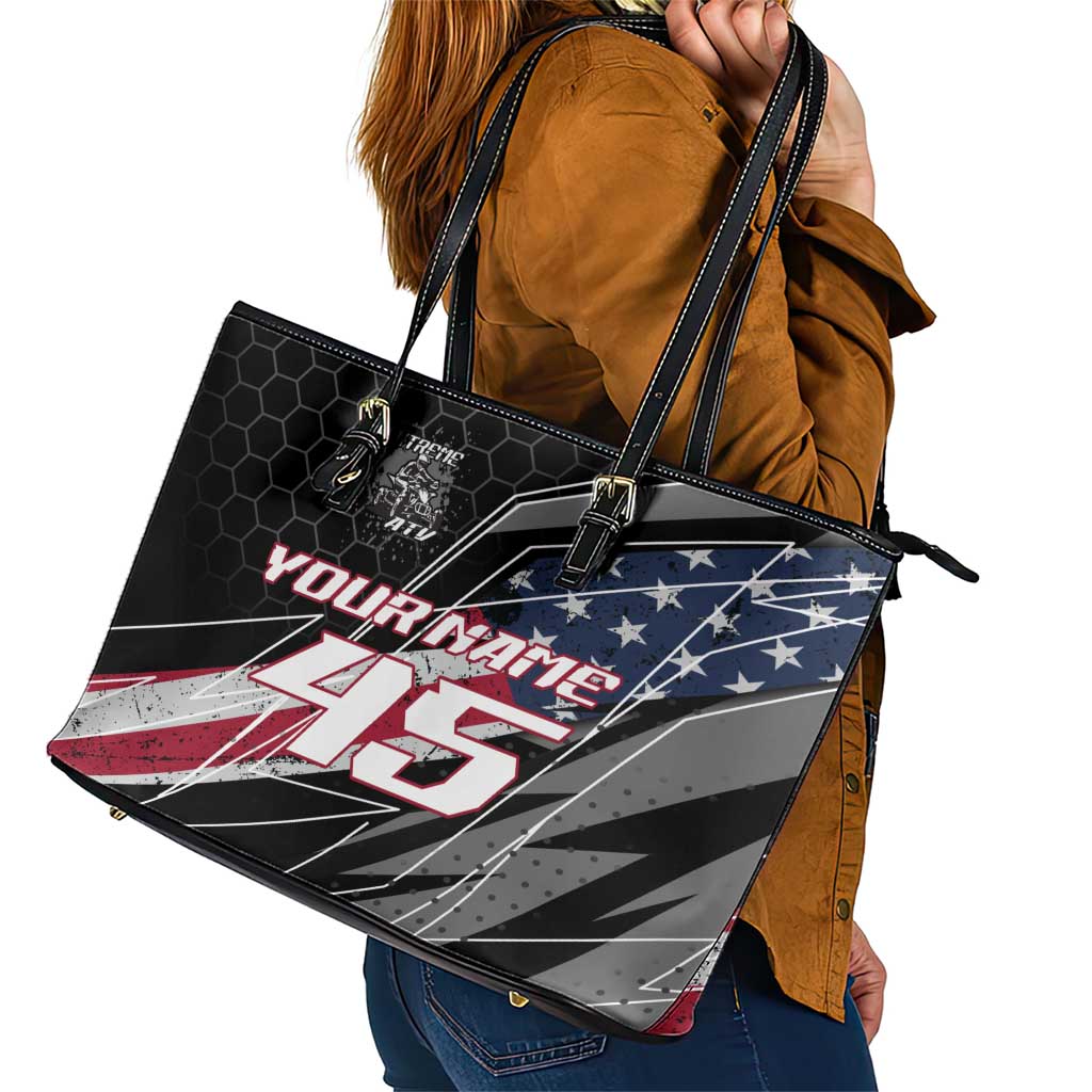 Custom Bike Shirt Racing Motocross Leather Tote Bag American Flag and Black Hexagon Lightning Graphic Design - Wonder Print Shop