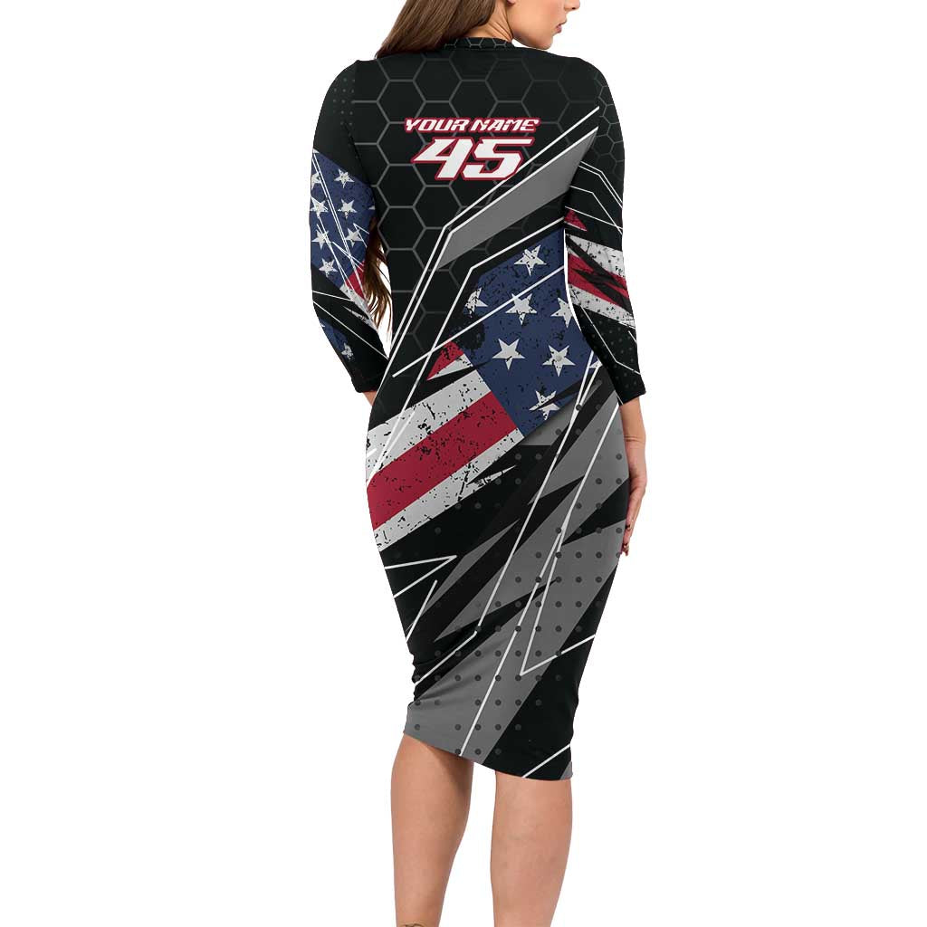 Custom Bike Shirt Racing Motocross Long Sleeve Bodycon Dress American Flag and Black Hexagon Lightning Graphic Design - Wonder Print Shop