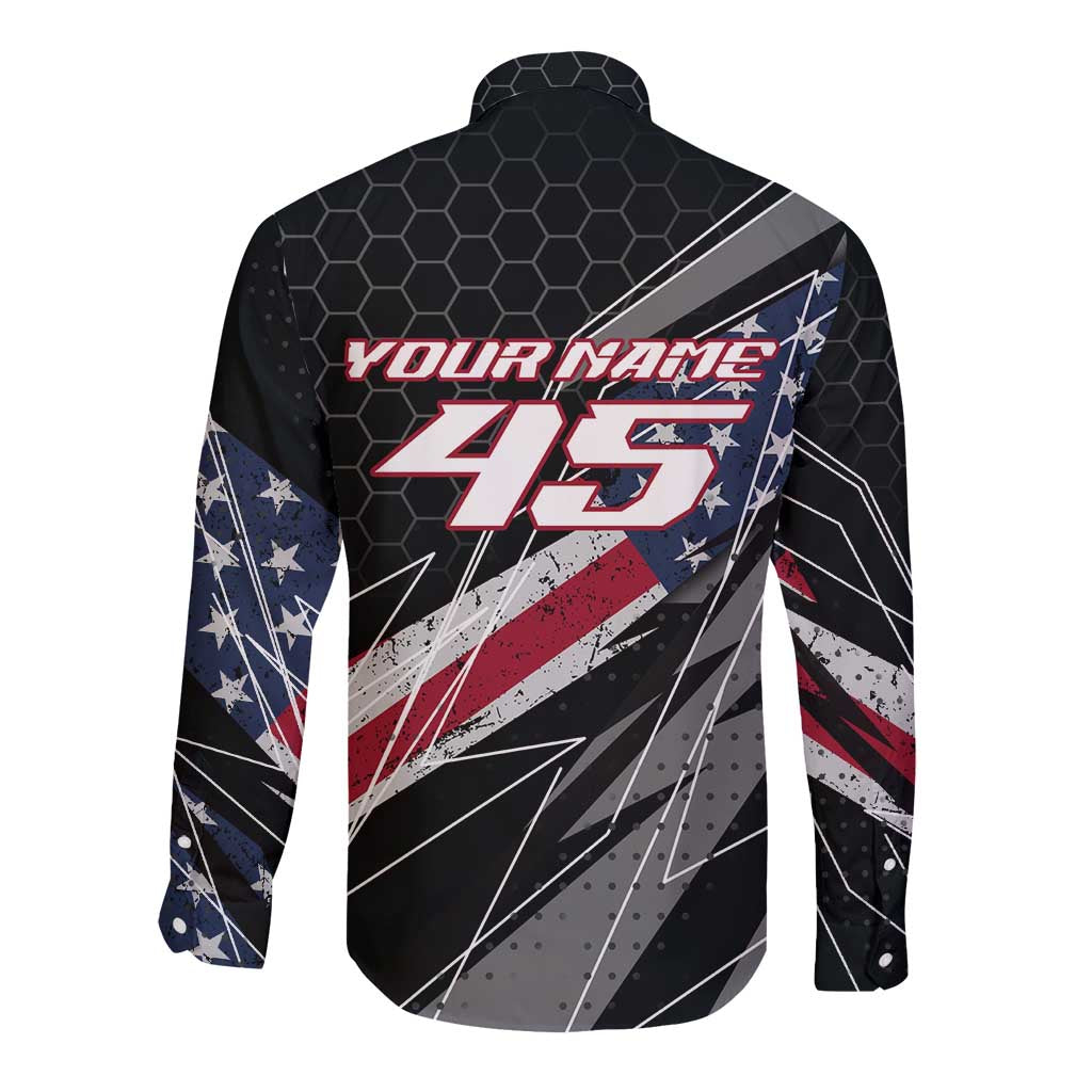 Custom Bike Shirt Racing Motocross Long Sleeve Button Shirt American Flag and Black Hexagon Lightning Graphic Design - Wonder Print Shop