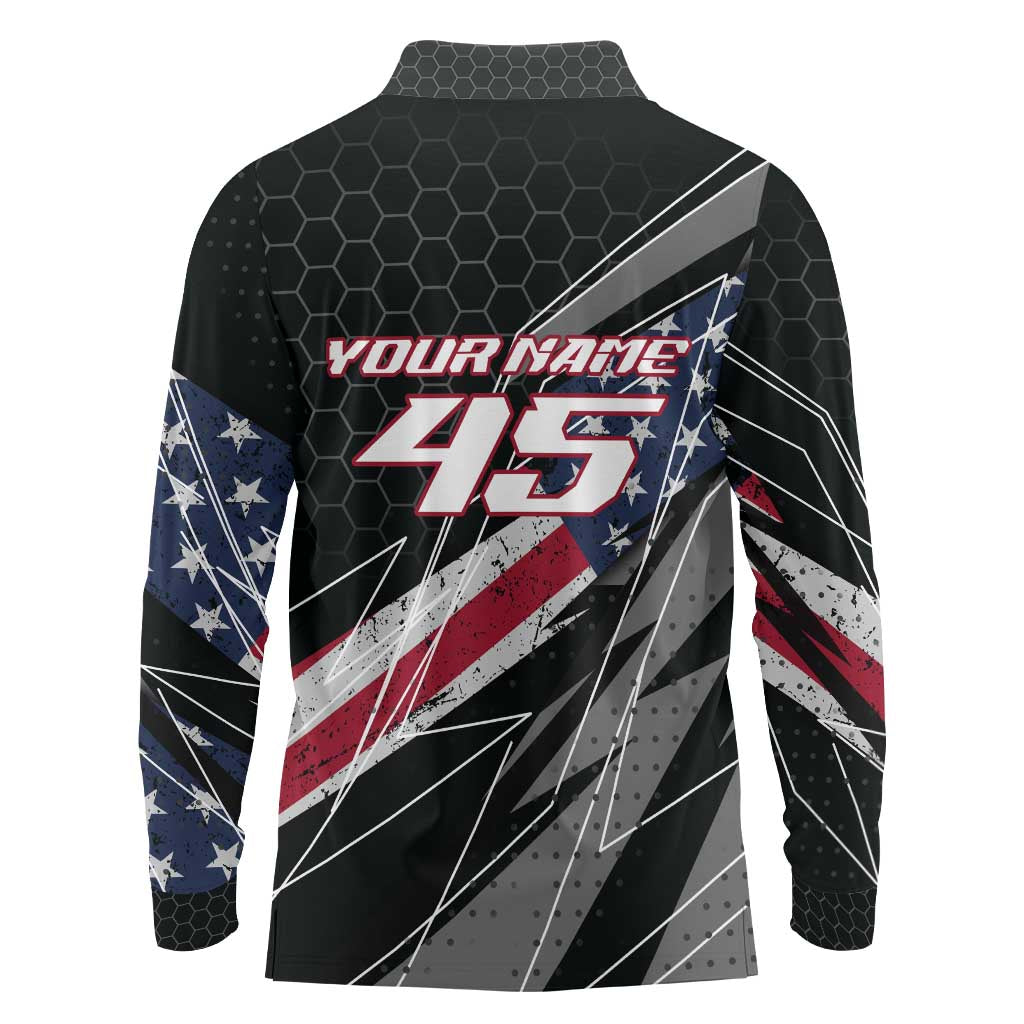 Custom Bike Shirt Racing Motocross Long Sleeve Polo Shirt American Flag and Black Hexagon Lightning Graphic Design - Wonder Print Shop