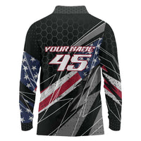 Custom Bike Shirt Racing Motocross Long Sleeve Polo Shirt American Flag and Black Hexagon Lightning Graphic Design - Wonder Print Shop