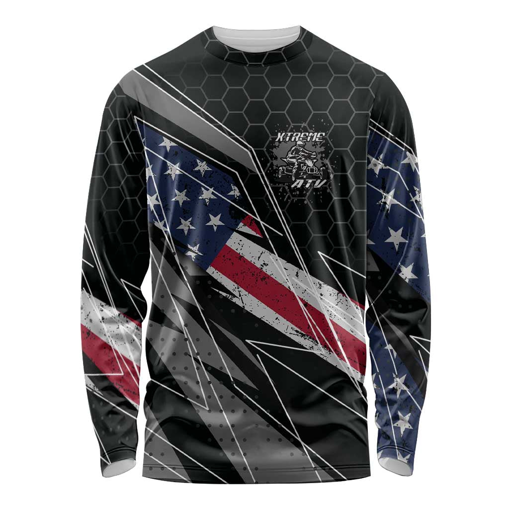Custom Bike Shirt Racing Motocross Long Sleeve Shirt American Flag and Black Hexagon Lightning Graphic Design - Wonder Print Shop