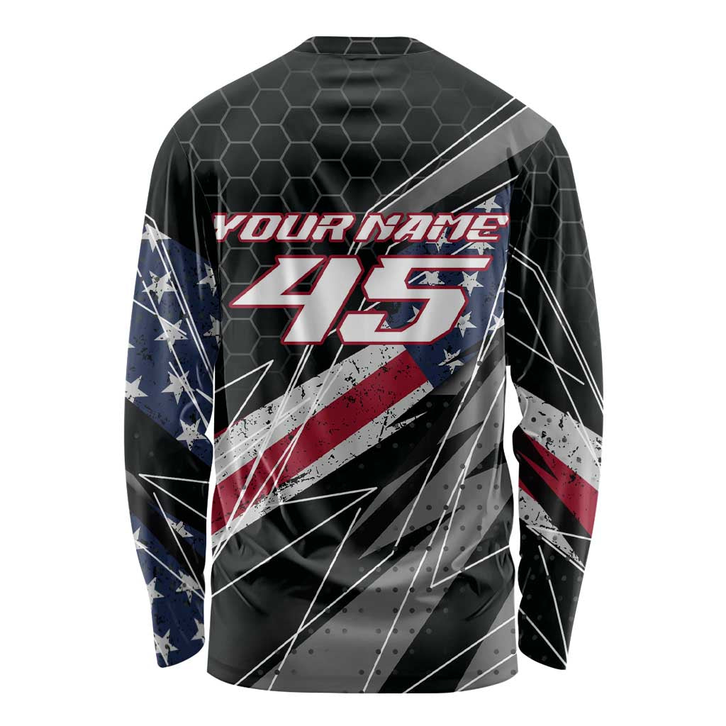 Custom Bike Shirt Racing Motocross Long Sleeve Shirt American Flag and Black Hexagon Lightning Graphic Design - Wonder Print Shop