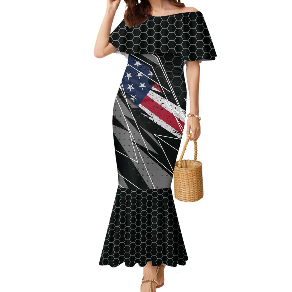 Custom Bike Shirt Racing Motocross Mermaid Dress American Flag and Black Hexagon Lightning Graphic Design - Wonder Print Shop