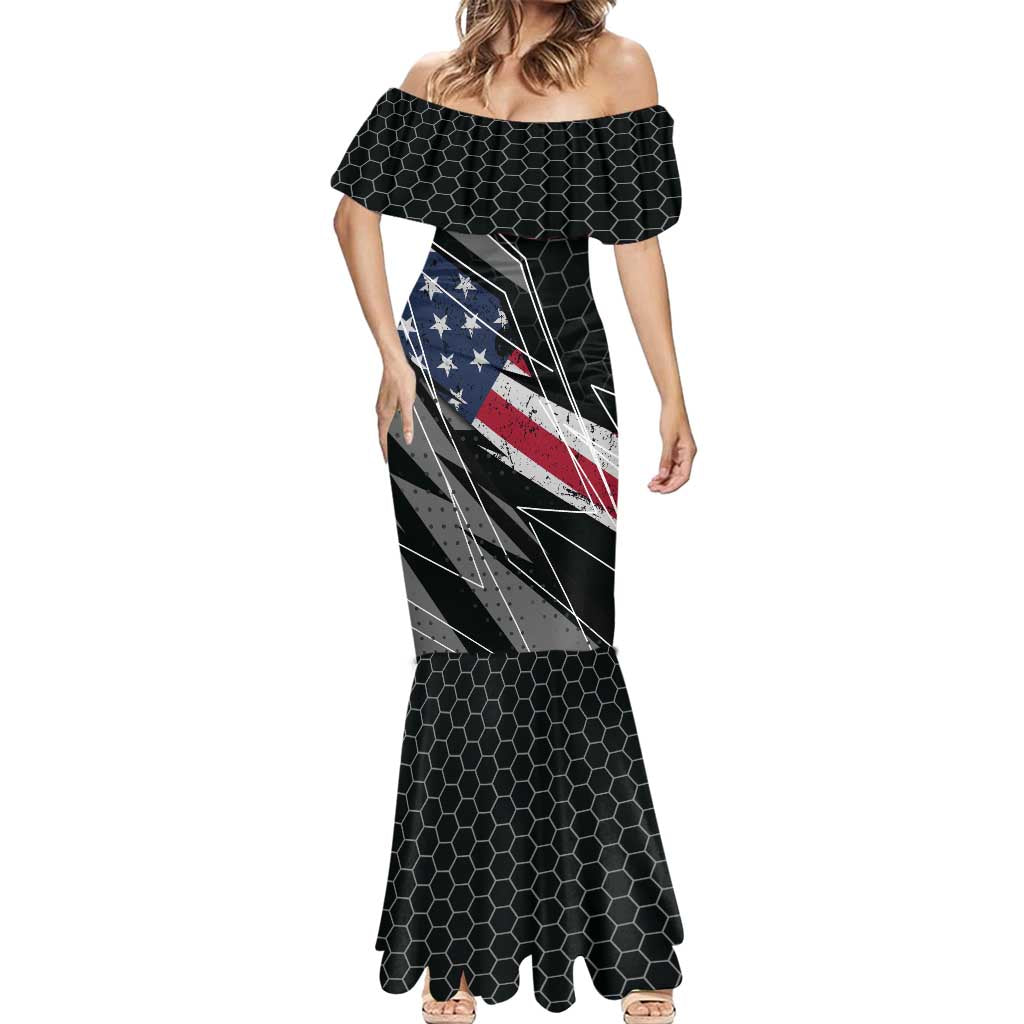 Custom Bike Shirt Racing Motocross Mermaid Dress American Flag and Black Hexagon Lightning Graphic Design - Wonder Print Shop