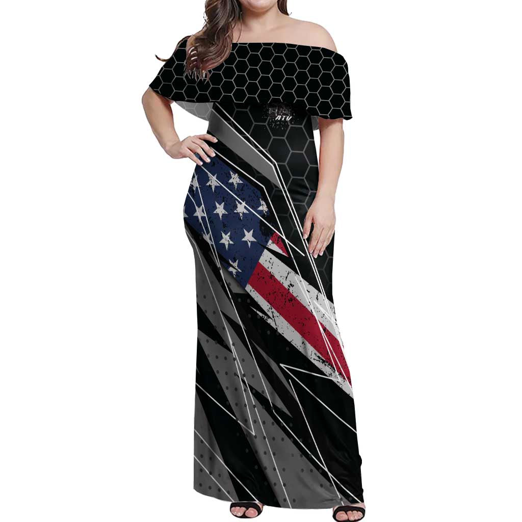 Custom Bike Shirt Racing Motocross Off Shoulder Maxi Dress American Flag and Black Hexagon Lightning Graphic Design - Wonder Print Shop