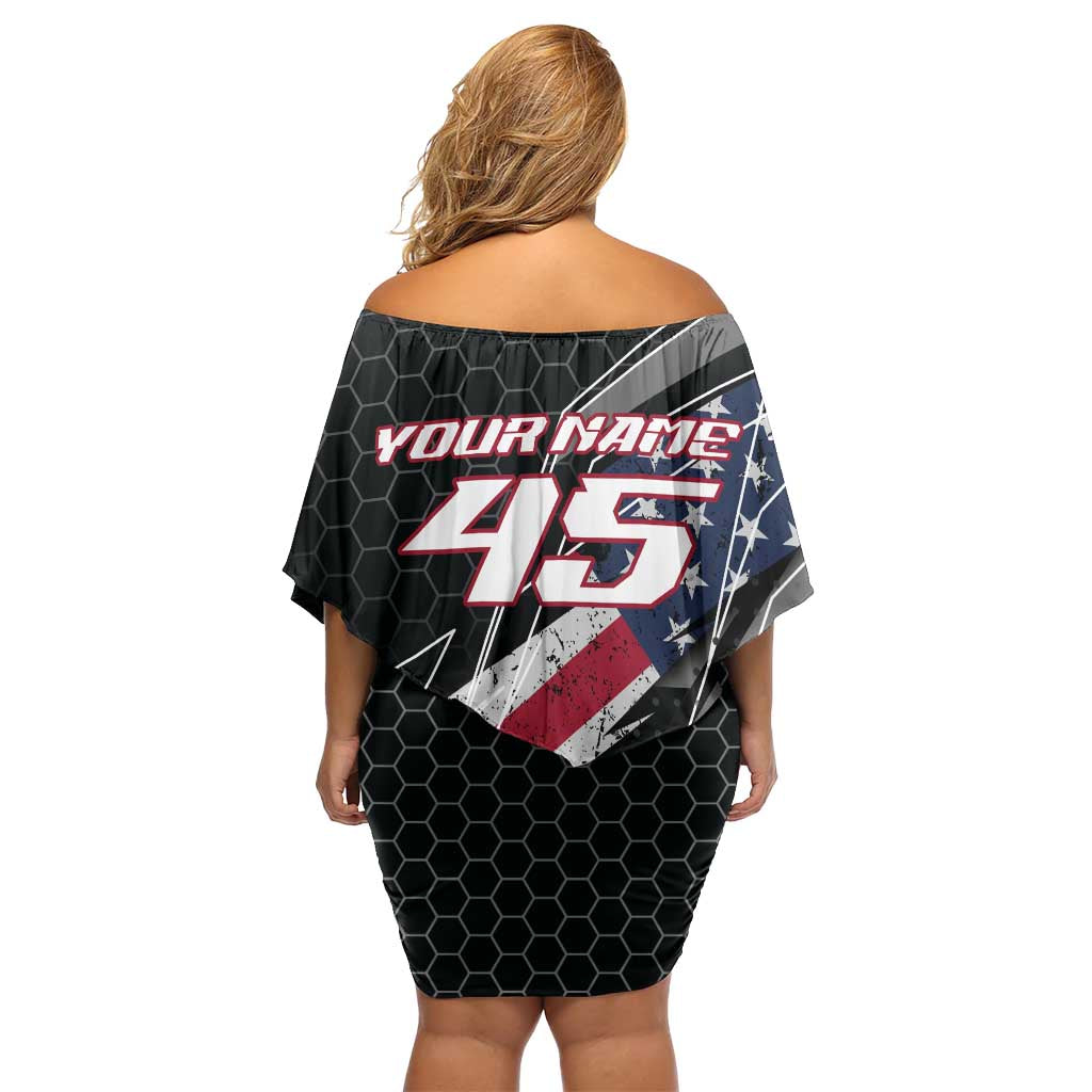 Custom Bike Shirt Racing Motocross Off Shoulder Short Dress American Flag and Black Hexagon Lightning Graphic Design - Wonder Print Shop