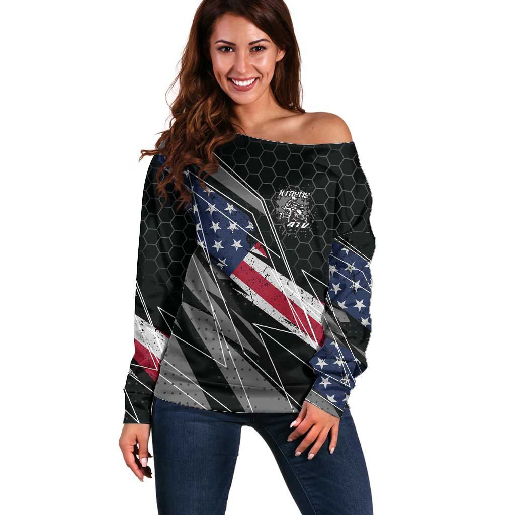 Custom Bike Shirt Racing Motocross Off Shoulder Sweater American Flag and Black Hexagon Lightning Graphic Design - Wonder Print Shop