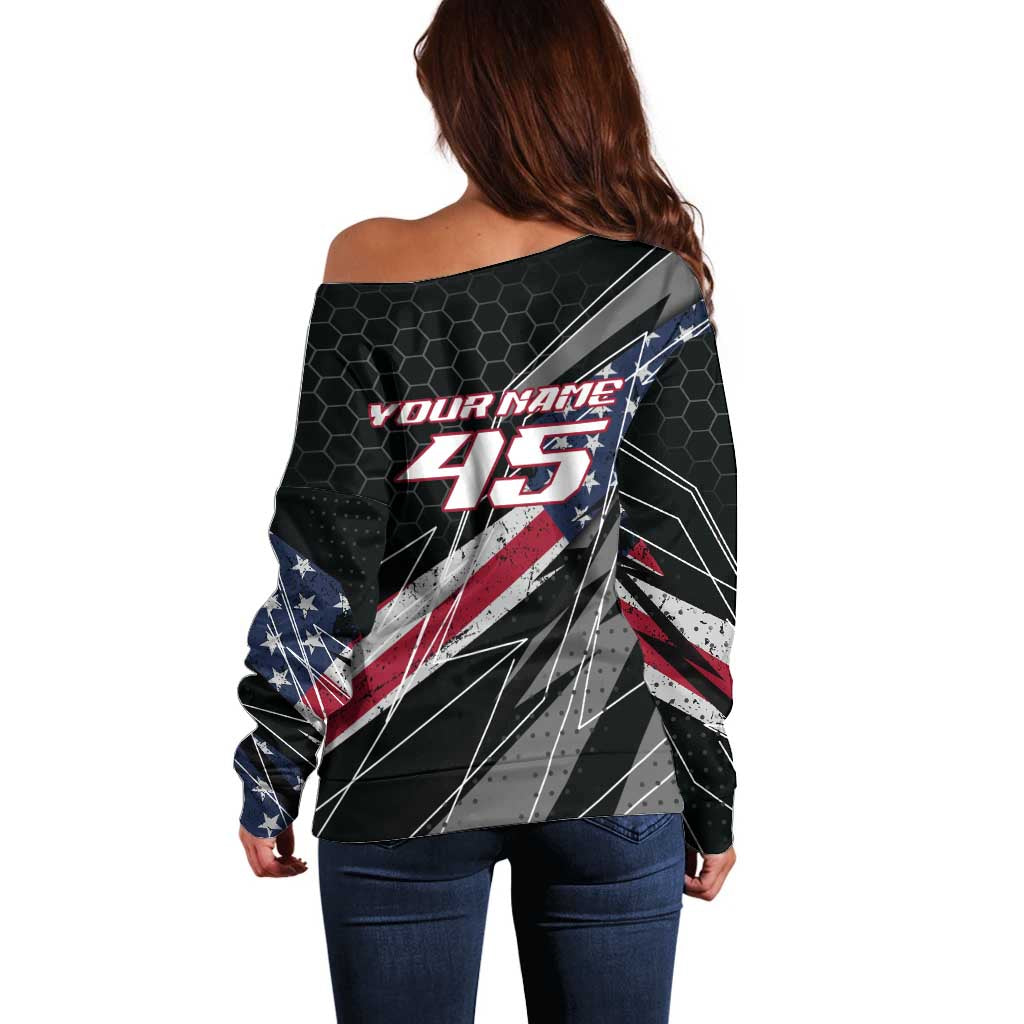 Custom Bike Shirt Racing Motocross Off Shoulder Sweater American Flag and Black Hexagon Lightning Graphic Design - Wonder Print Shop
