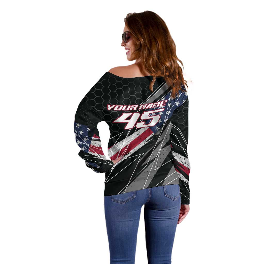 Custom Bike Shirt Racing Motocross Off Shoulder Sweater American Flag and Black Hexagon Lightning Graphic Design - Wonder Print Shop