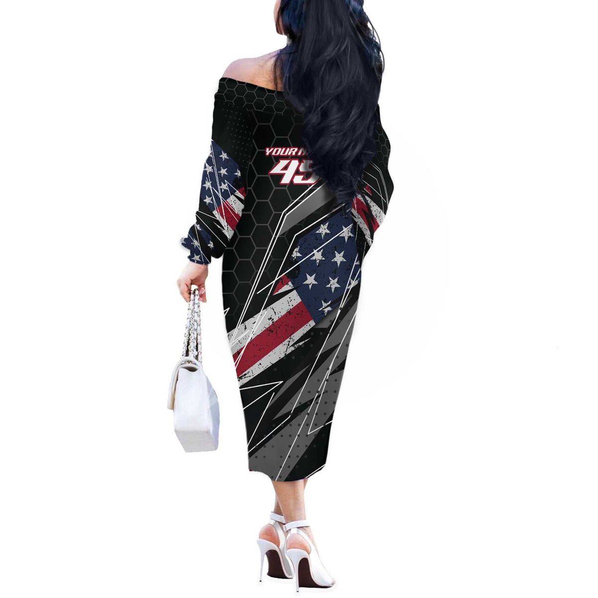 Custom Bike Shirt Racing Motocross Off The Shoulder Long Sleeve Dress American Flag and Black Hexagon Lightning Graphic Design - Wonder Print Shop