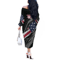 Custom Bike Shirt Racing Motocross Off The Shoulder Long Sleeve Dress American Flag and Black Hexagon Lightning Graphic Design - Wonder Print Shop