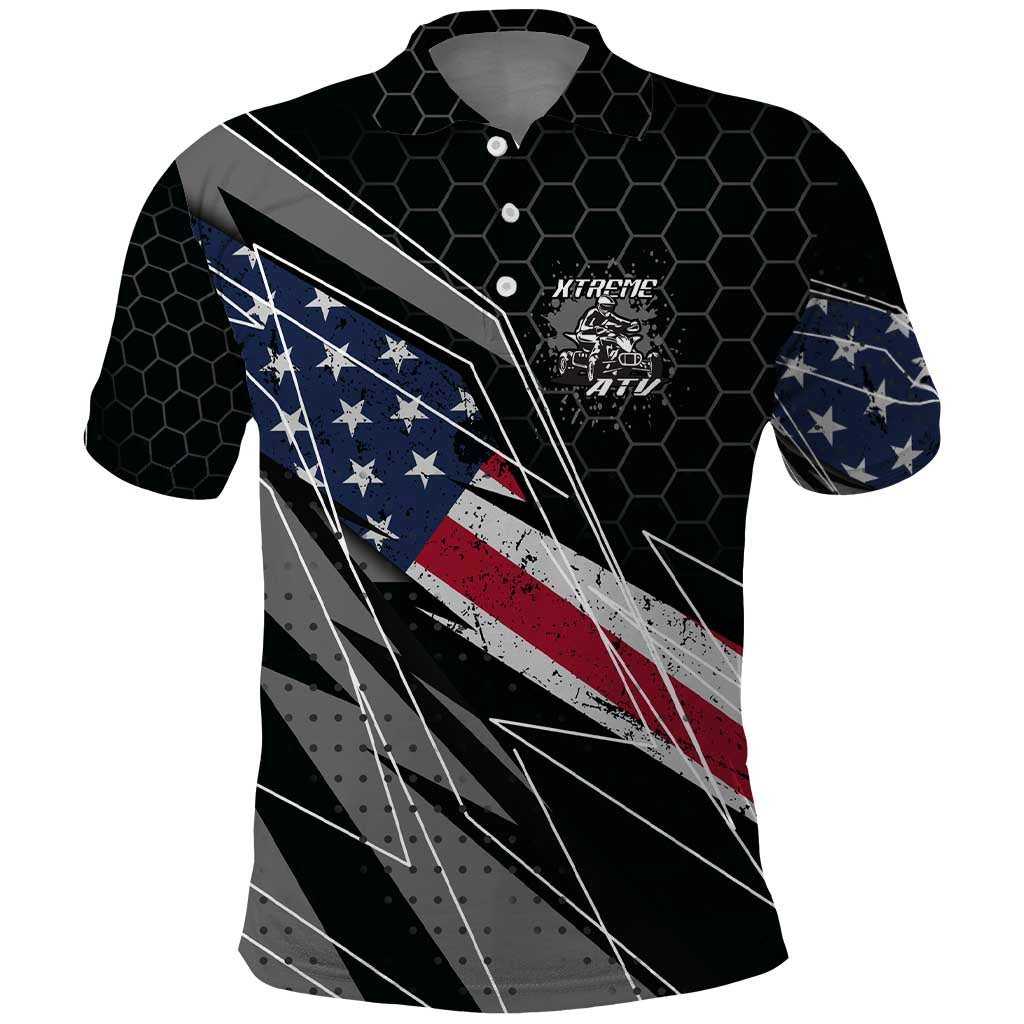 Custom Bike Shirt Racing Motocross Polo Shirt American Flag and Black Hexagon Lightning Graphic Design - Wonder Print Shop