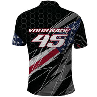 Custom Bike Shirt Racing Motocross Polo Shirt American Flag and Black Hexagon Lightning Graphic Design - Wonder Print Shop