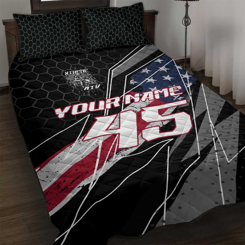 Custom Bike Shirt Racing Motocross Quilt Bed Set American Flag and Black Hexagon Lightning Graphic Design - Wonder Print Shop