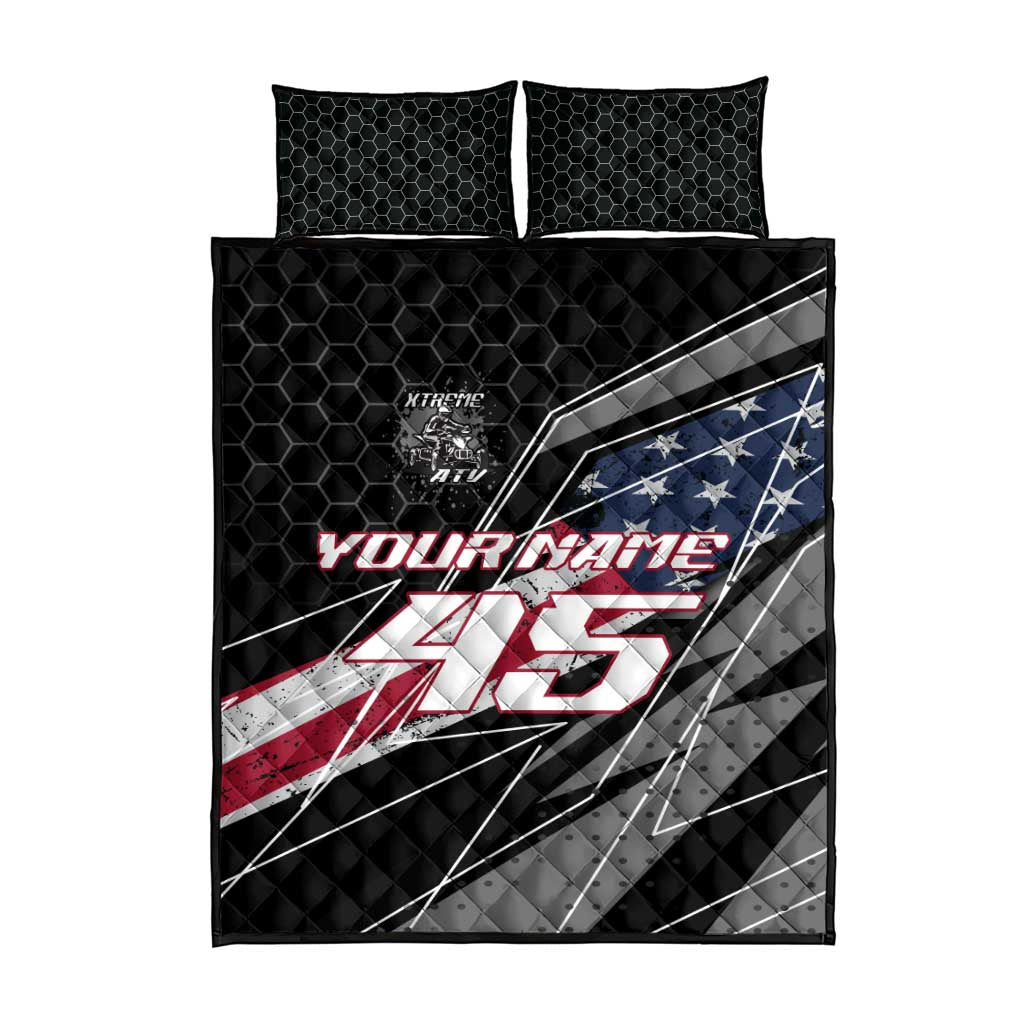 Custom Bike Shirt Racing Motocross Quilt Bed Set American Flag and Black Hexagon Lightning Graphic Design - Wonder Print Shop