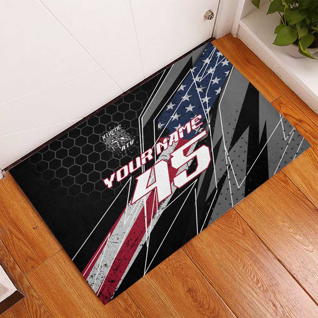 Custom Bike Shirt Racing Motocross Rubber Doormat American Flag and Black Hexagon Lightning Graphic Design - Wonder Print Shop