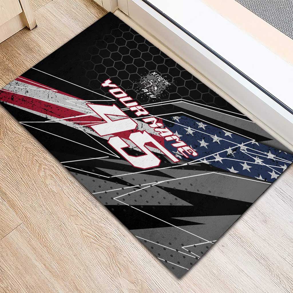 Custom Bike Shirt Racing Motocross Rubber Doormat American Flag and Black Hexagon Lightning Graphic Design - Wonder Print Shop