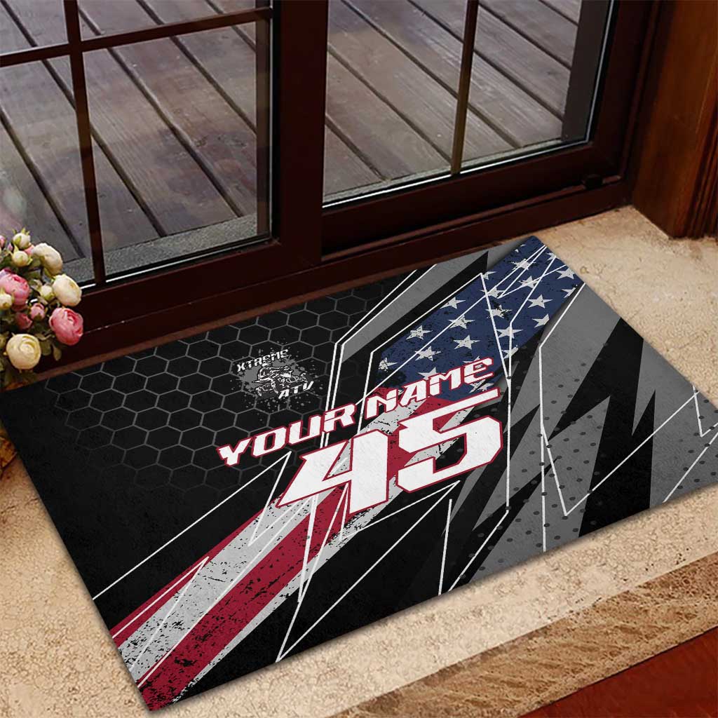 Custom Bike Shirt Racing Motocross Rubber Doormat American Flag and Black Hexagon Lightning Graphic Design - Wonder Print Shop