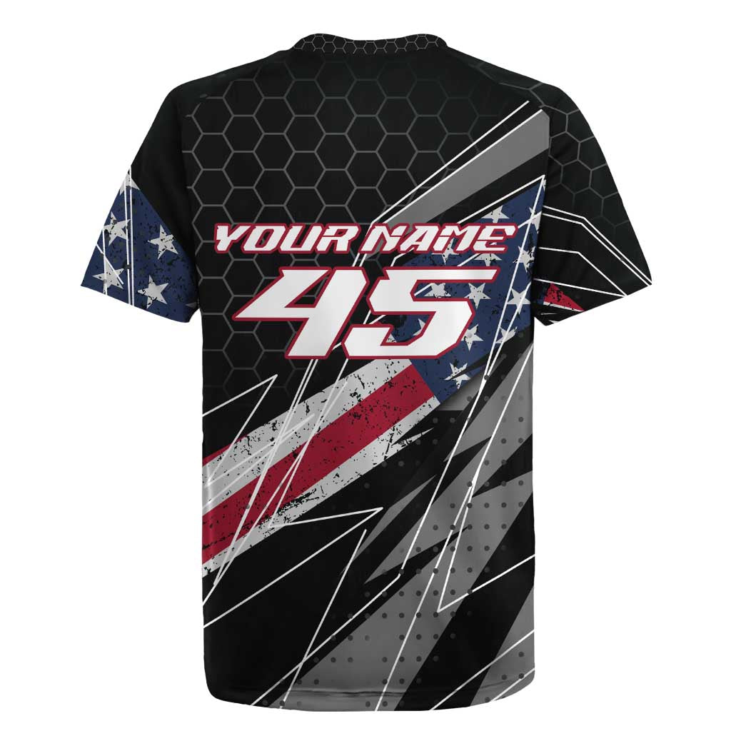 Custom Bike Shirt Racing Motocross Rugby Jersey American Flag and Black Hexagon Lightning Graphic Design - Wonder Print Shop