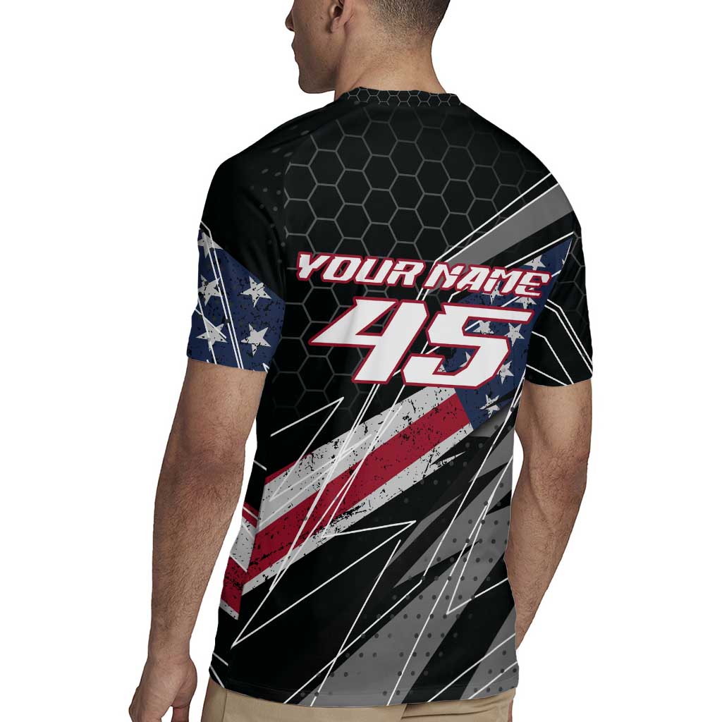 Custom Bike Shirt Racing Motocross Rugby Jersey American Flag and Black Hexagon Lightning Graphic Design - Wonder Print Shop