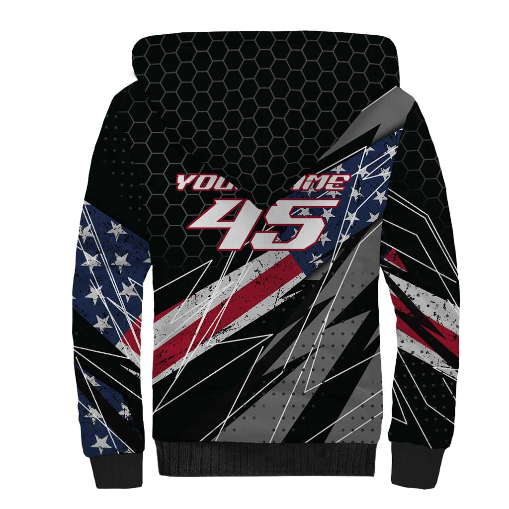 Custom Bike Shirt Racing Motocross Sherpa Hoodie American Flag and Black Hexagon Lightning Graphic Design - Wonder Print Shop