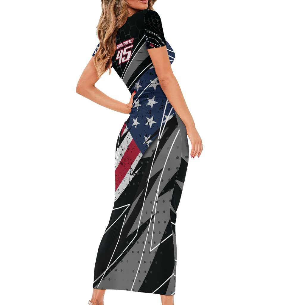 Custom Bike Shirt Racing Motocross Short Sleeve Bodycon Dress American Flag and Black Hexagon Lightning Graphic Design - Wonder Print Shop