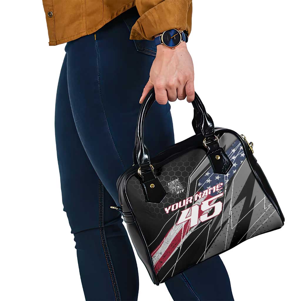 Custom Bike Shirt Racing Motocross Shoulder Handbag American Flag and Black Hexagon Lightning Graphic Design - Wonder Print Shop