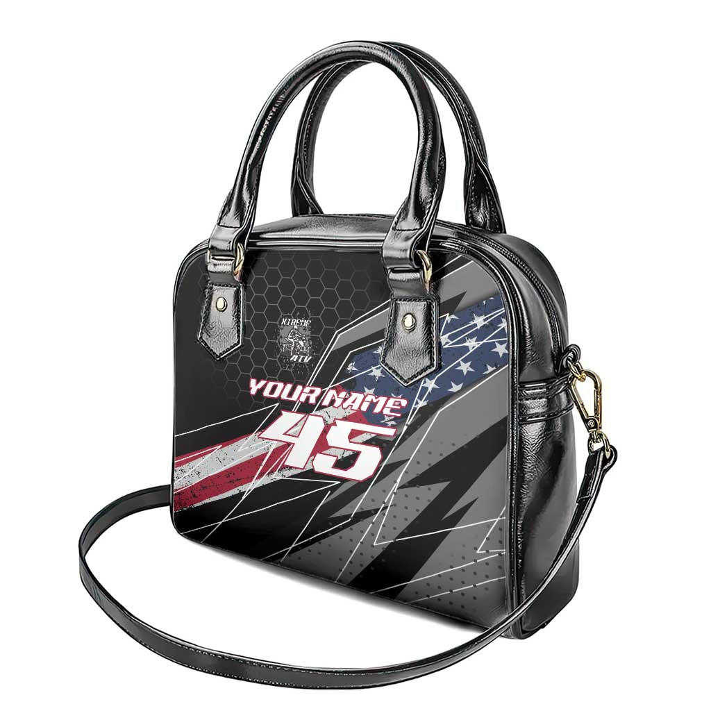 Custom Bike Shirt Racing Motocross Shoulder Handbag American Flag and Black Hexagon Lightning Graphic Design - Wonder Print Shop