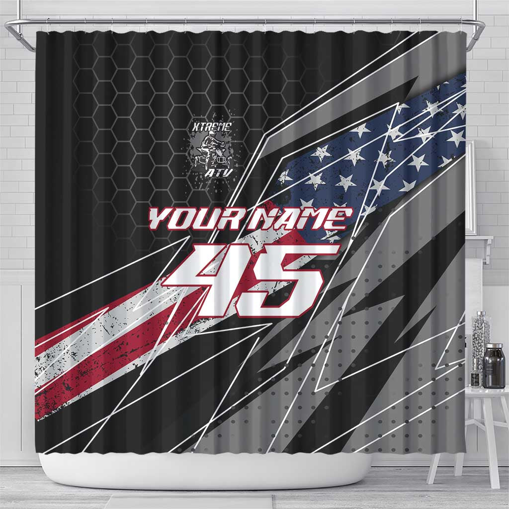 Custom Bike Shirt Racing Motocross Shower Curtain American Flag and Black Hexagon Lightning Graphic Design - Wonder Print Shop