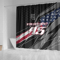 Custom Bike Shirt Racing Motocross Shower Curtain American Flag and Black Hexagon Lightning Graphic Design - Wonder Print Shop