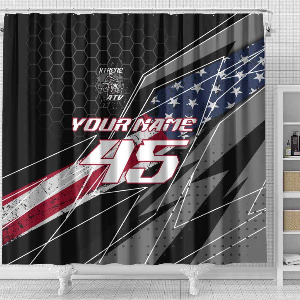 Custom Bike Shirt Racing Motocross Shower Curtain American Flag and Black Hexagon Lightning Graphic Design - Wonder Print Shop