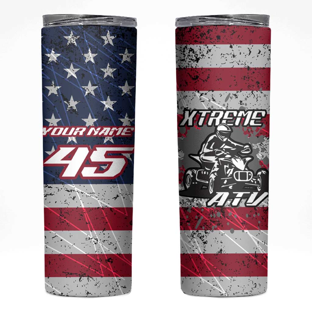 Custom Bike Shirt Racing Motocross Skinny Tumbler American Flag and Black Hexagon Lightning Graphic Design - Wonder Print Shop
