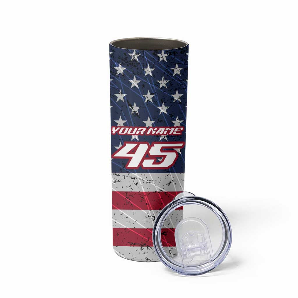 Custom Bike Shirt Racing Motocross Skinny Tumbler American Flag and Black Hexagon Lightning Graphic Design - Wonder Print Shop