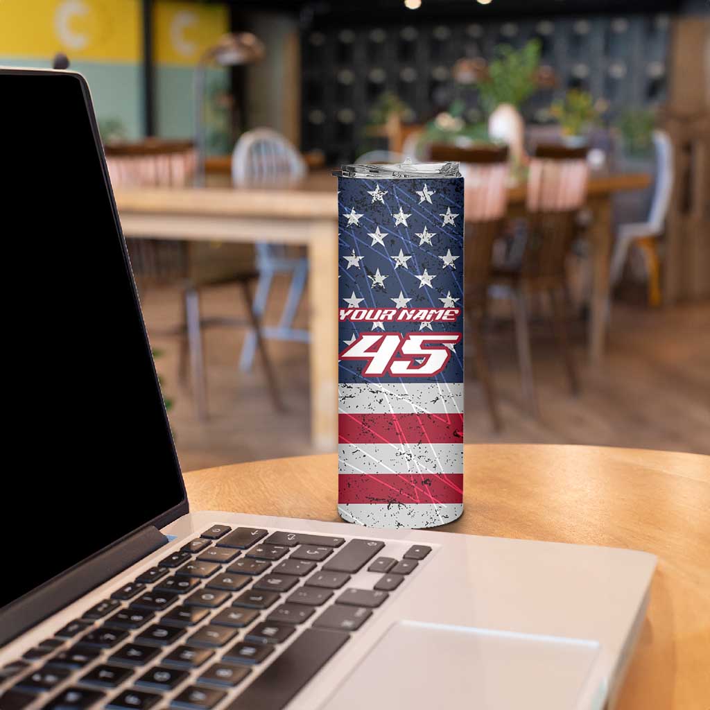 Custom Bike Shirt Racing Motocross Skinny Tumbler American Flag and Black Hexagon Lightning Graphic Design - Wonder Print Shop