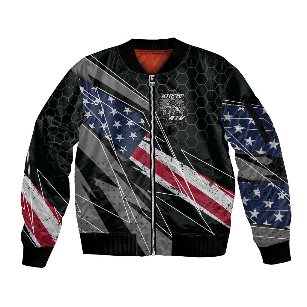 Custom Bike Shirt Racing Motocross Sleeve Zip Bomber Jacket American Flag and Black Hexagon Lightning Graphic Design - Wonder Print Shop