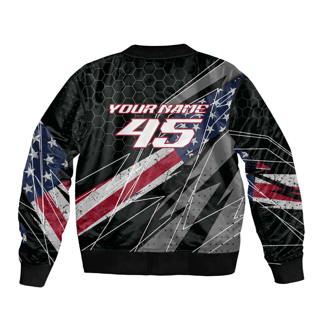 Custom Bike Shirt Racing Motocross Sleeve Zip Bomber Jacket American Flag and Black Hexagon Lightning Graphic Design - Wonder Print Shop