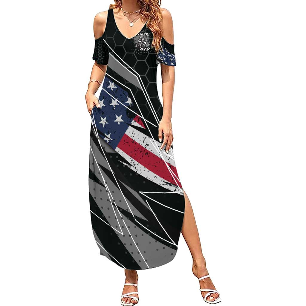 Custom Bike Shirt Racing Motocross Summer Maxi Dress American Flag and Black Hexagon Lightning Graphic Design - Wonder Print Shop