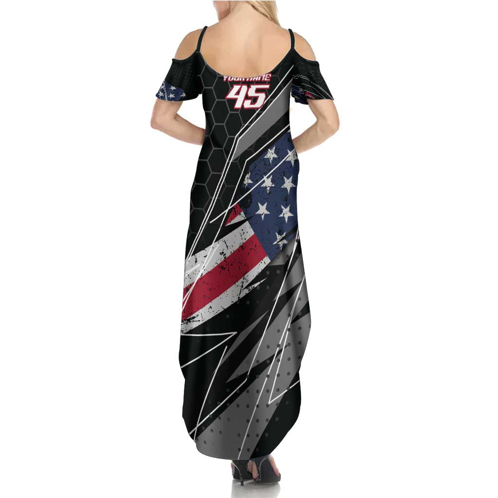 Custom Bike Shirt Racing Motocross Summer Maxi Dress American Flag and Black Hexagon Lightning Graphic Design - Wonder Print Shop