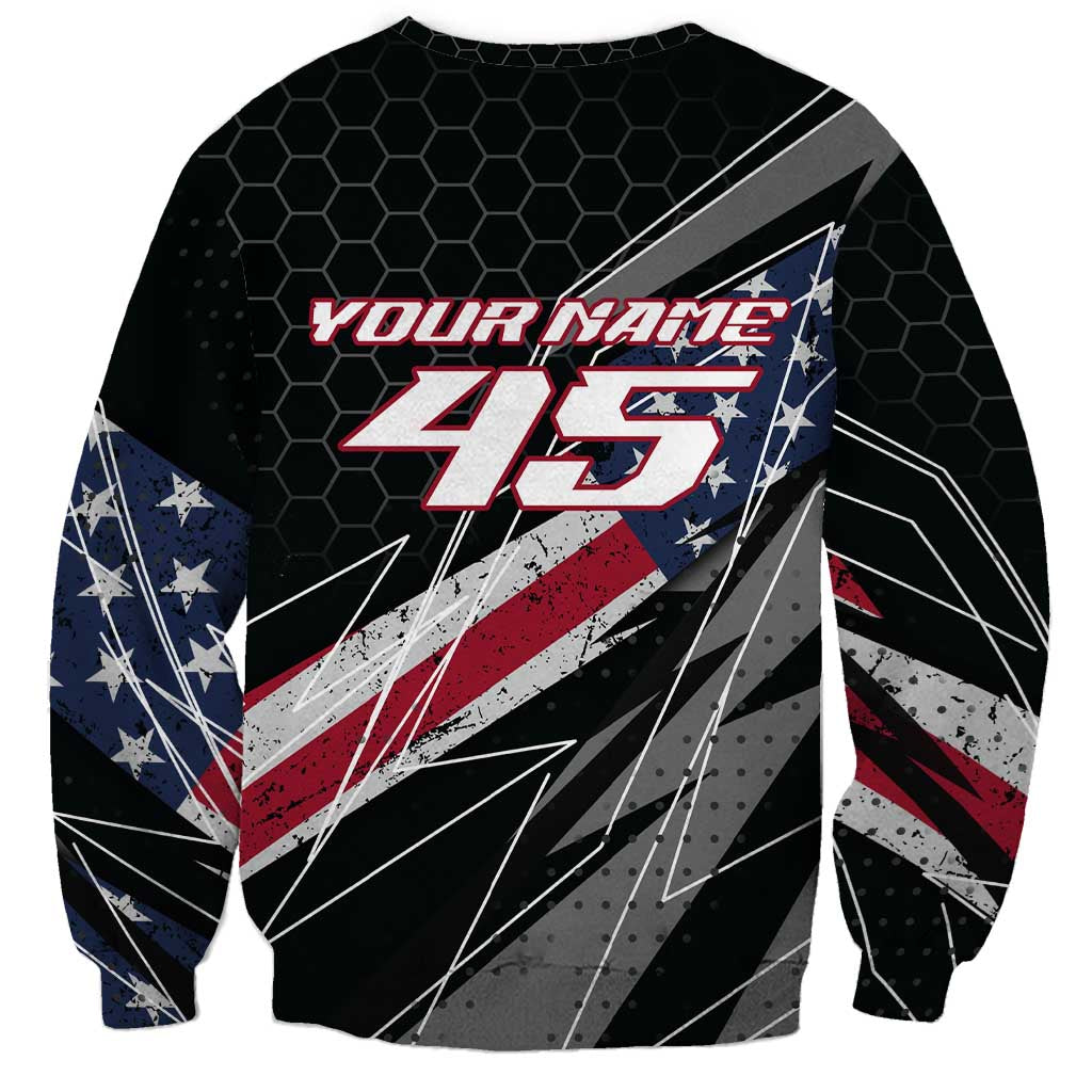 Custom Bike Shirt Racing Motocross Sweatshirt American Flag and Black Hexagon Lightning Graphic Design - Wonder Print Shop