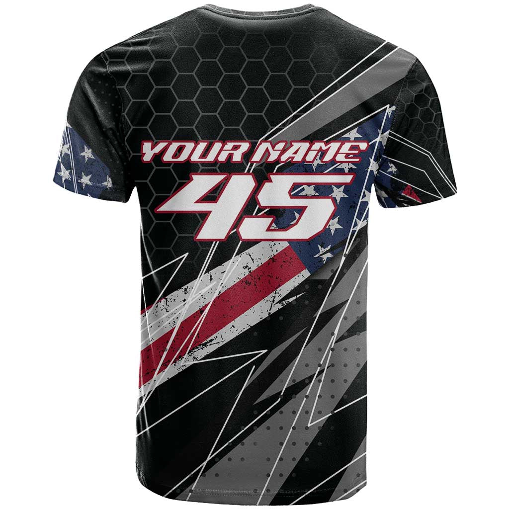Custom Bike Shirt Racing Motocross T Shirt American Flag and Black Hexagon Lightning Graphic Design - Wonder Print Shop