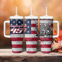Custom Bike Shirt Racing Motocross Tumbler With Handle American Flag and Black Hexagon Lightning Graphic Design - Wonder Print Shop