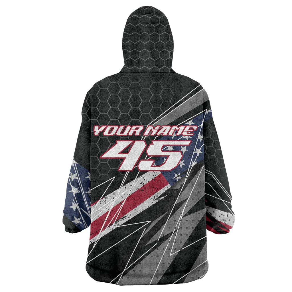 Custom Bike Shirt Racing Motocross Wearable Blanket Hoodie American Flag and Black Hexagon Lightning Graphic Design - Wonder Print Shop