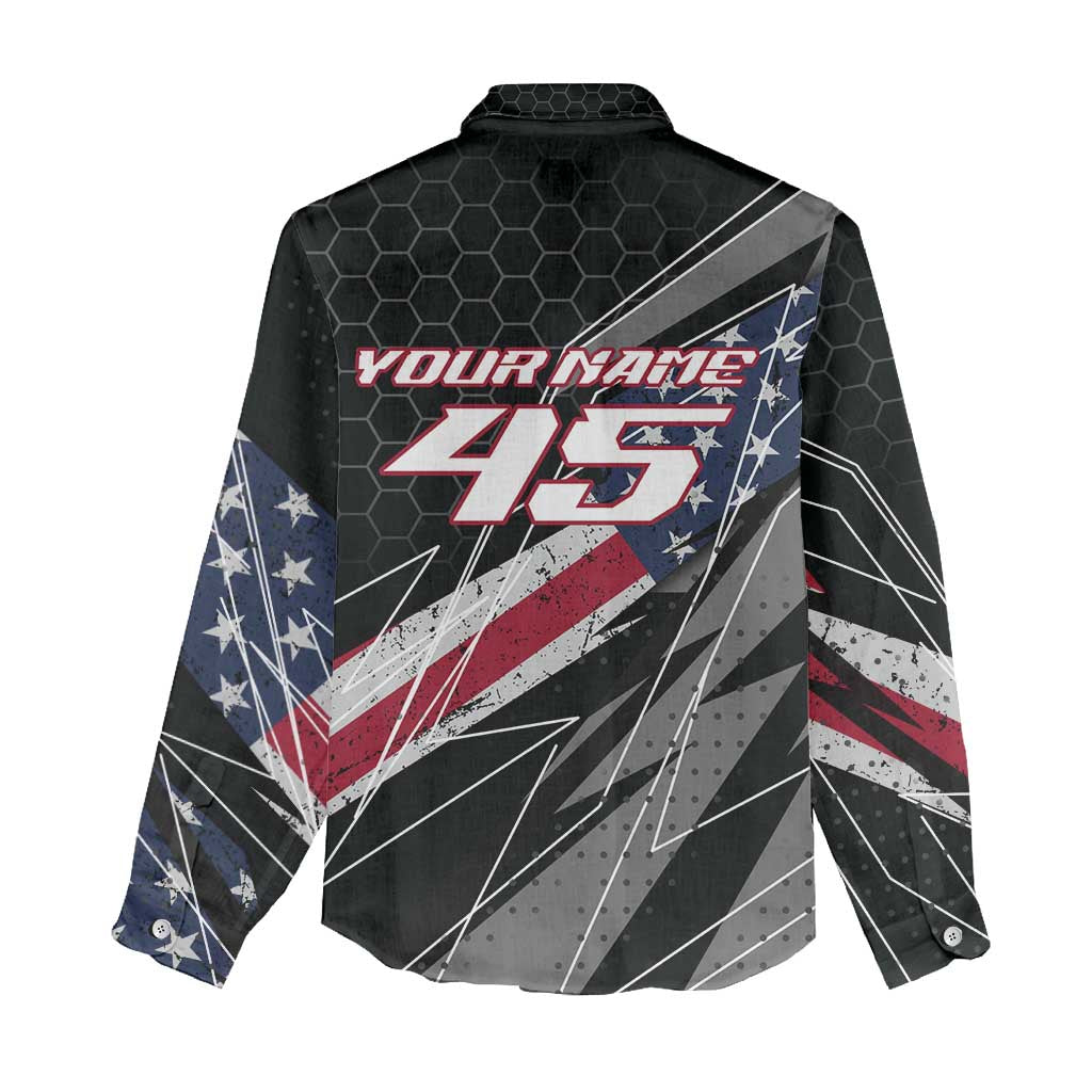 Custom Bike Shirt Racing Motocross Women Casual Shirt American Flag and Black Hexagon Lightning Graphic Design - Wonder Print Shop
