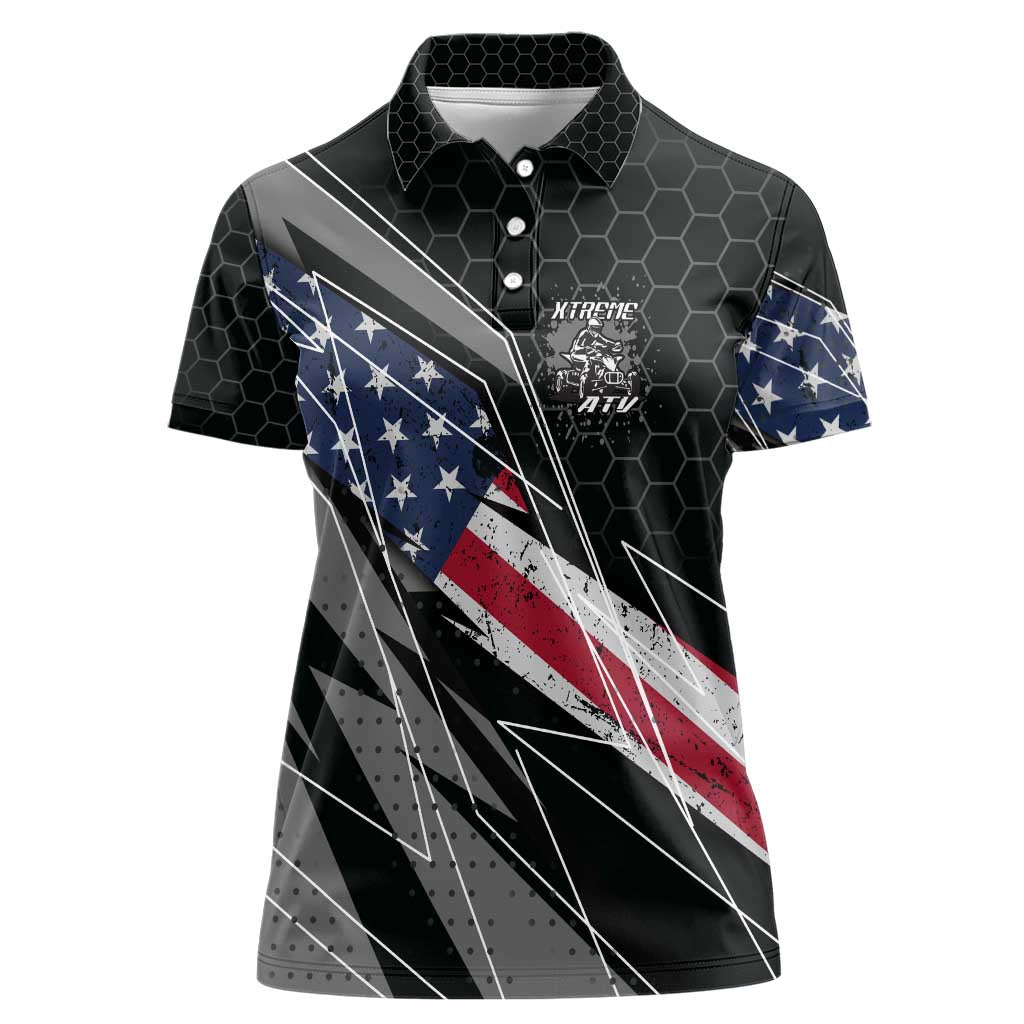 Custom Bike Shirt Racing Motocross Women Polo Shirt American Flag and Black Hexagon Lightning Graphic Design - Wonder Print Shop