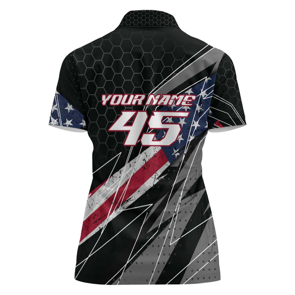 Custom Bike Shirt Racing Motocross Women Polo Shirt American Flag and Black Hexagon Lightning Graphic Design - Wonder Print Shop